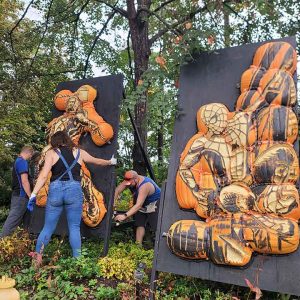 Crews working on setting up some of the pumpkin boards for the show. 